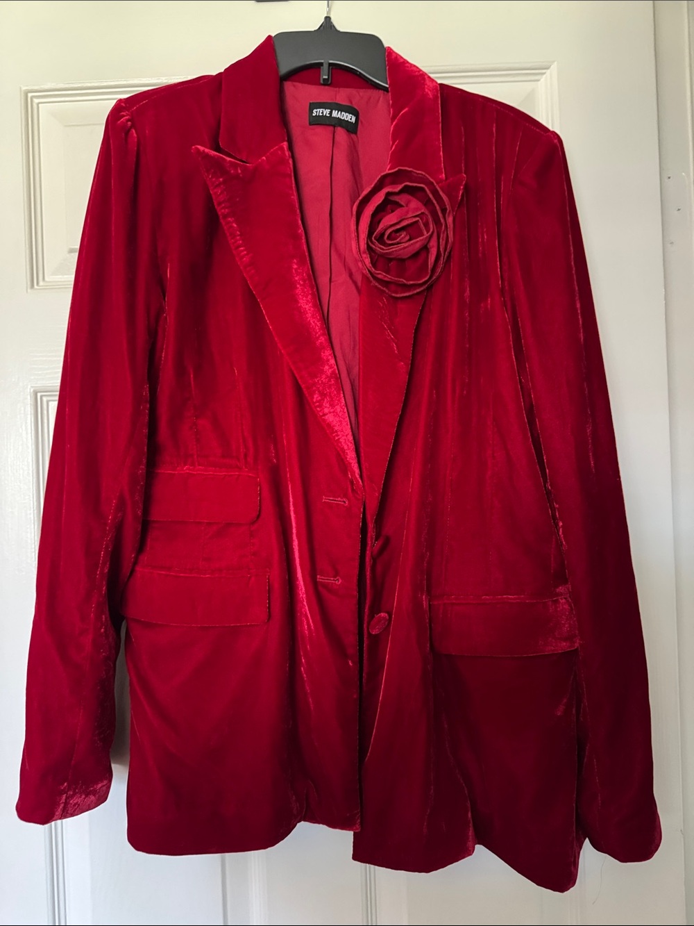 Steve Madden Deep Red Velvet Blazer with Rose Detail